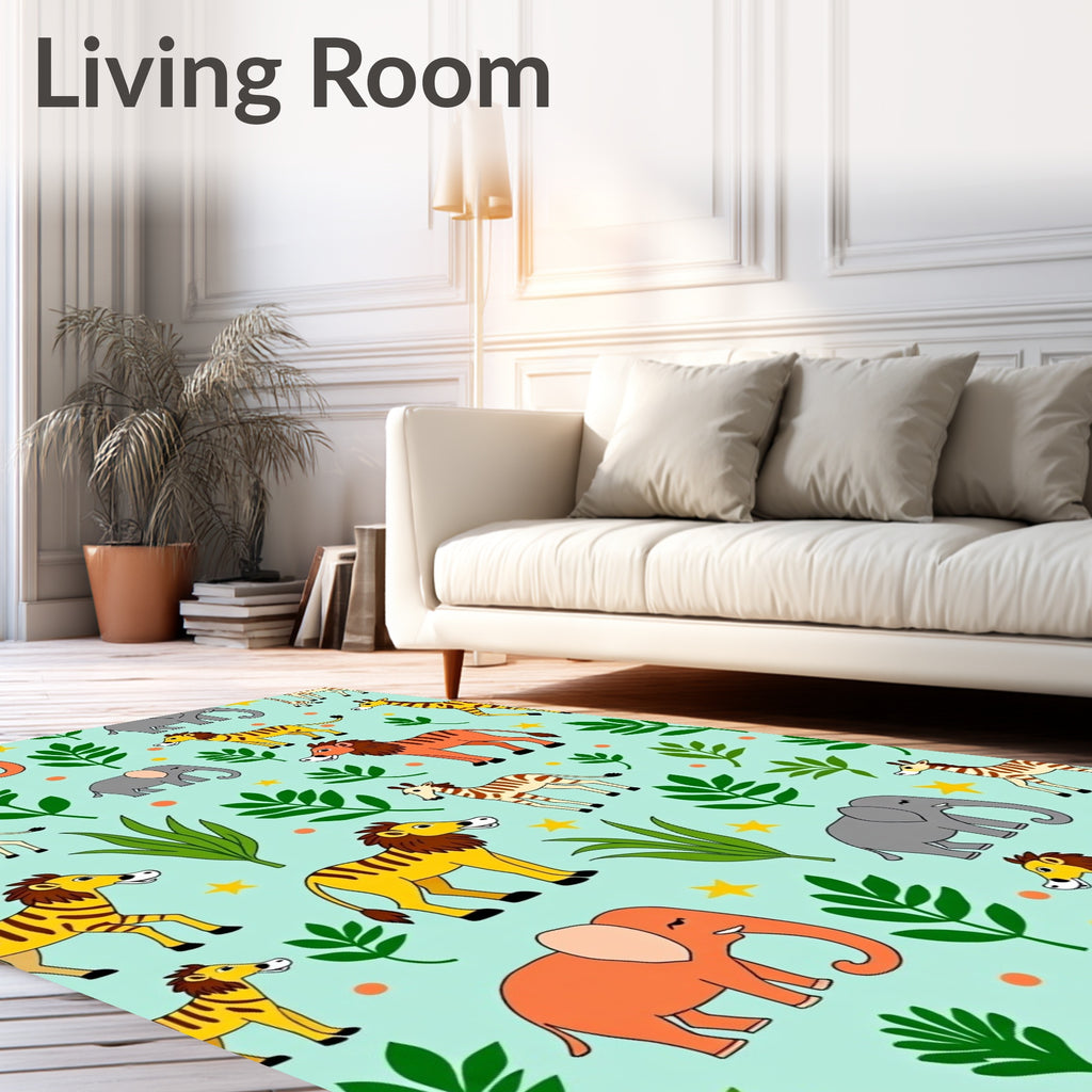 Playful Jungle Animals Green Background Rug