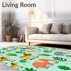 Playful Jungle Animals Green Background Rug