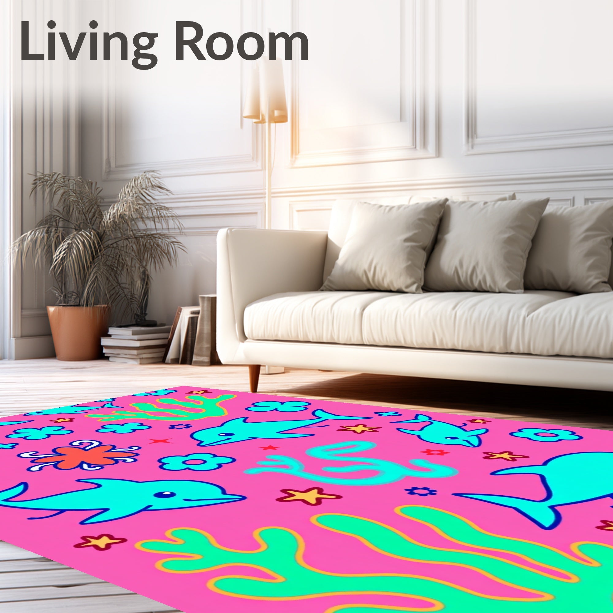 Aqua Dolphins Coral Garden Pink Background Rug