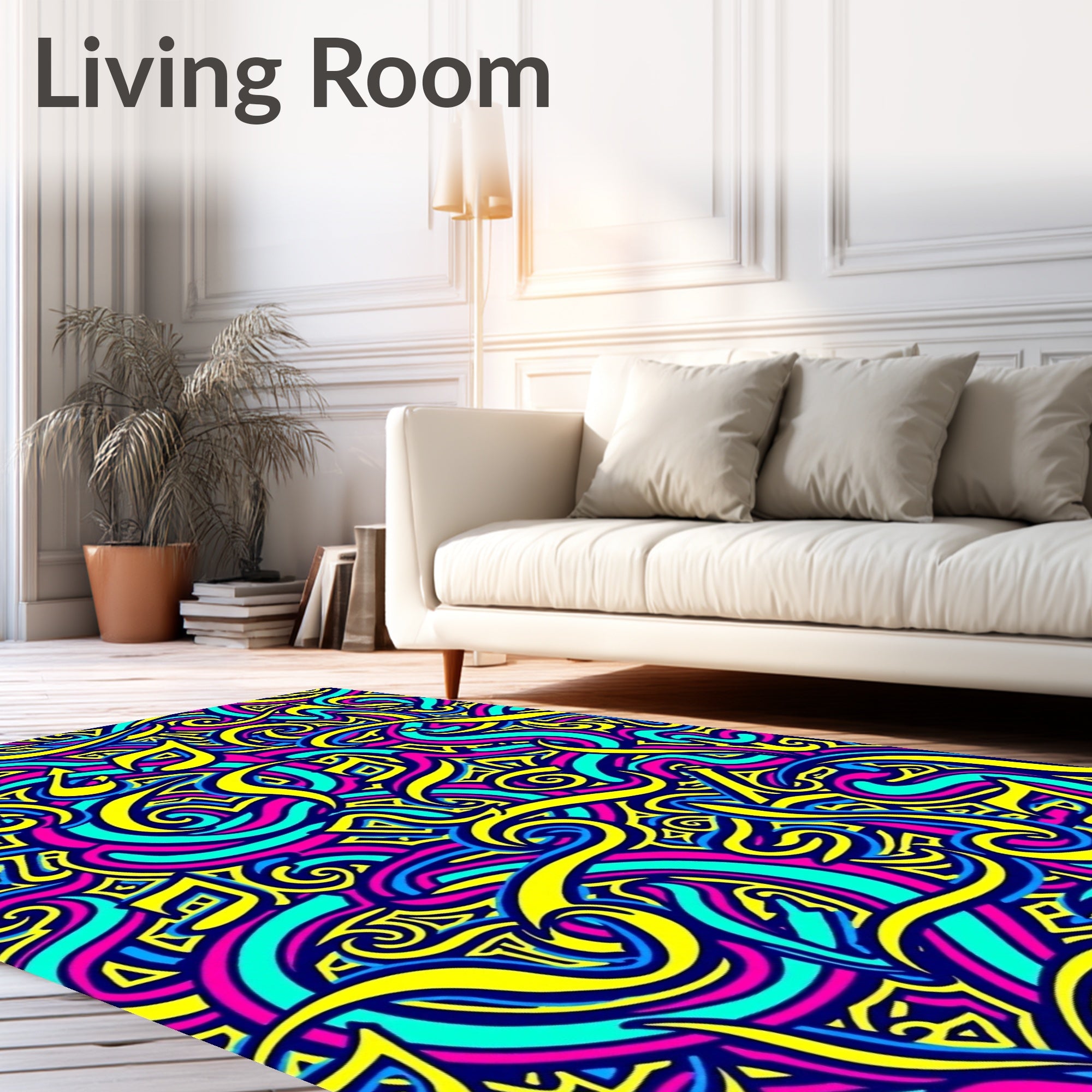 Vibrant Yellow Blue Abstract Flow Rug