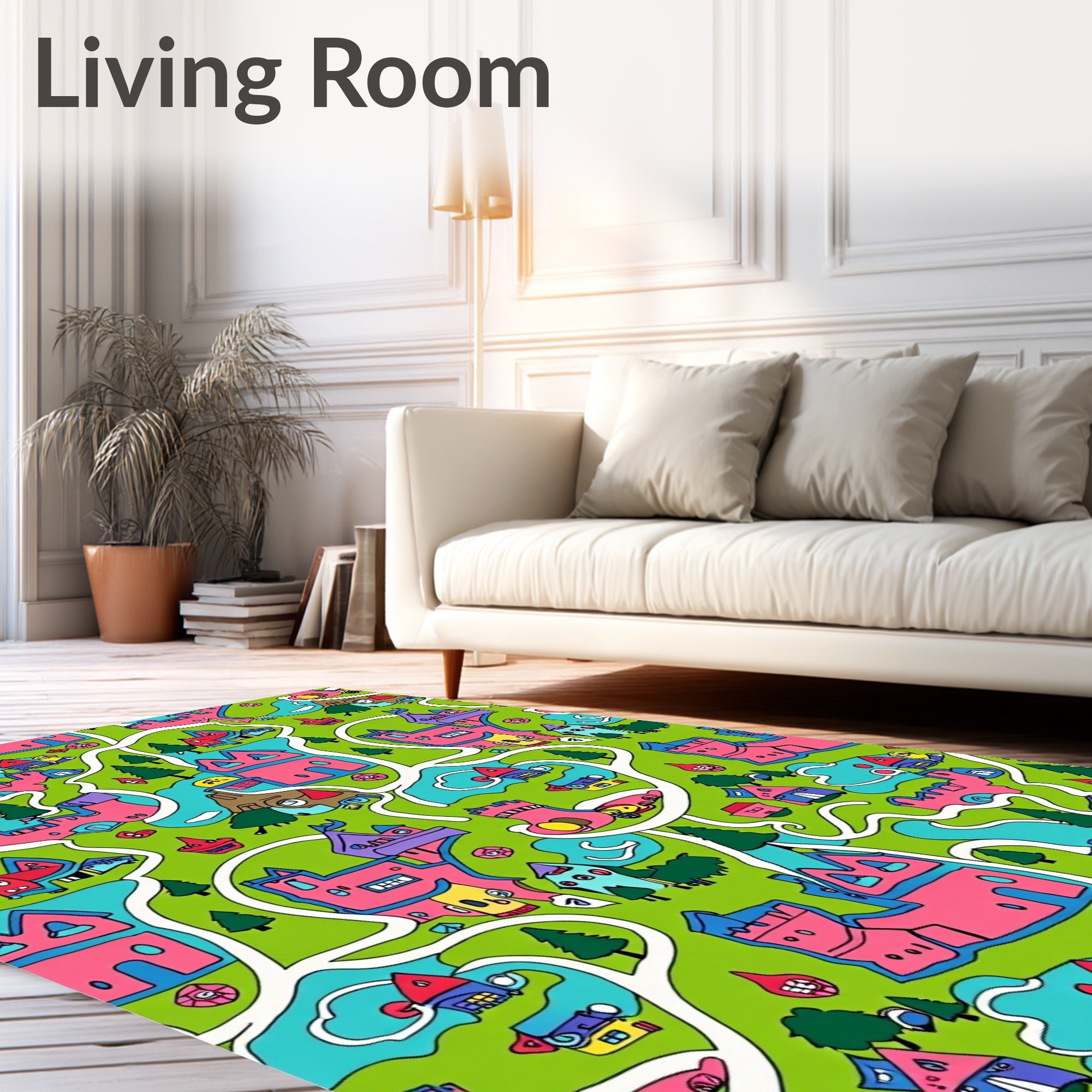 Whimsical Pink Castle Village Landscape Rug