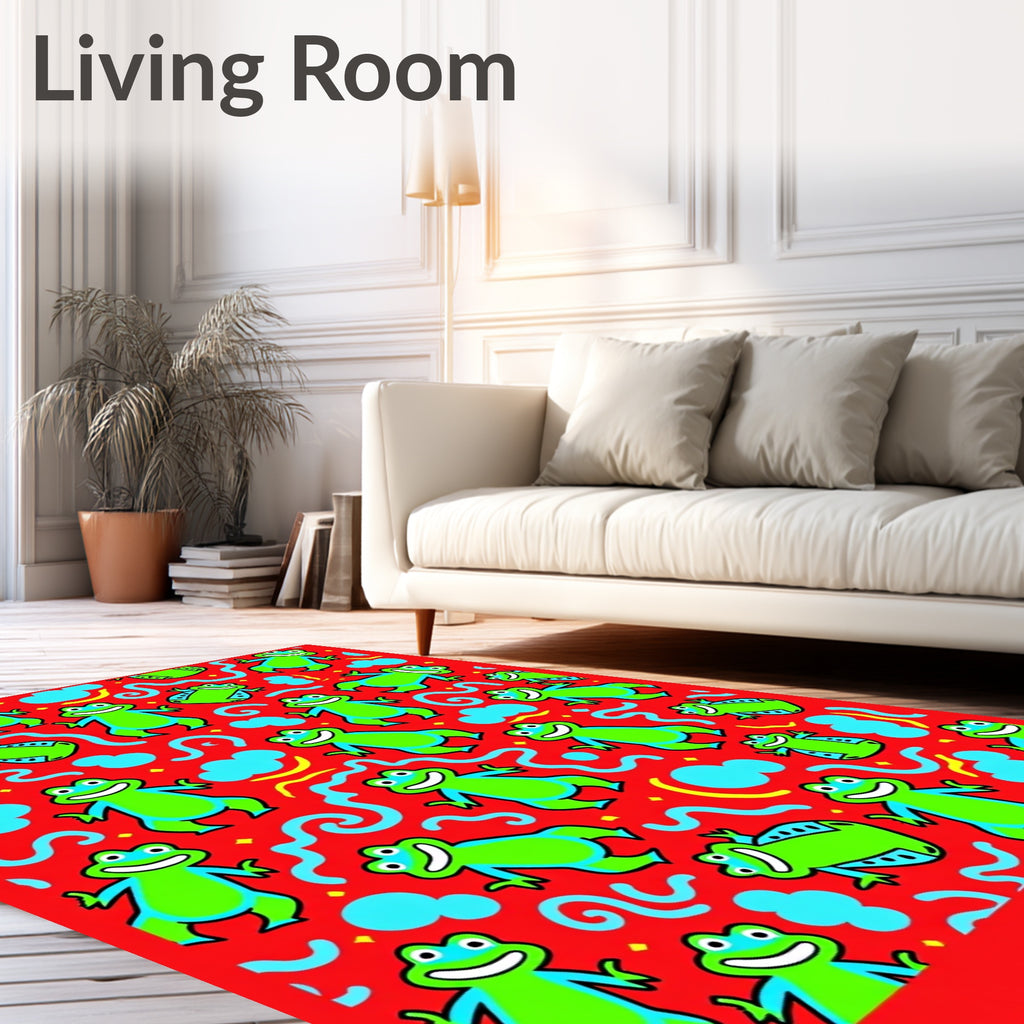 Happy Green Frogs Red Background Rug