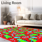 Happy Green Frogs Red Background Rug