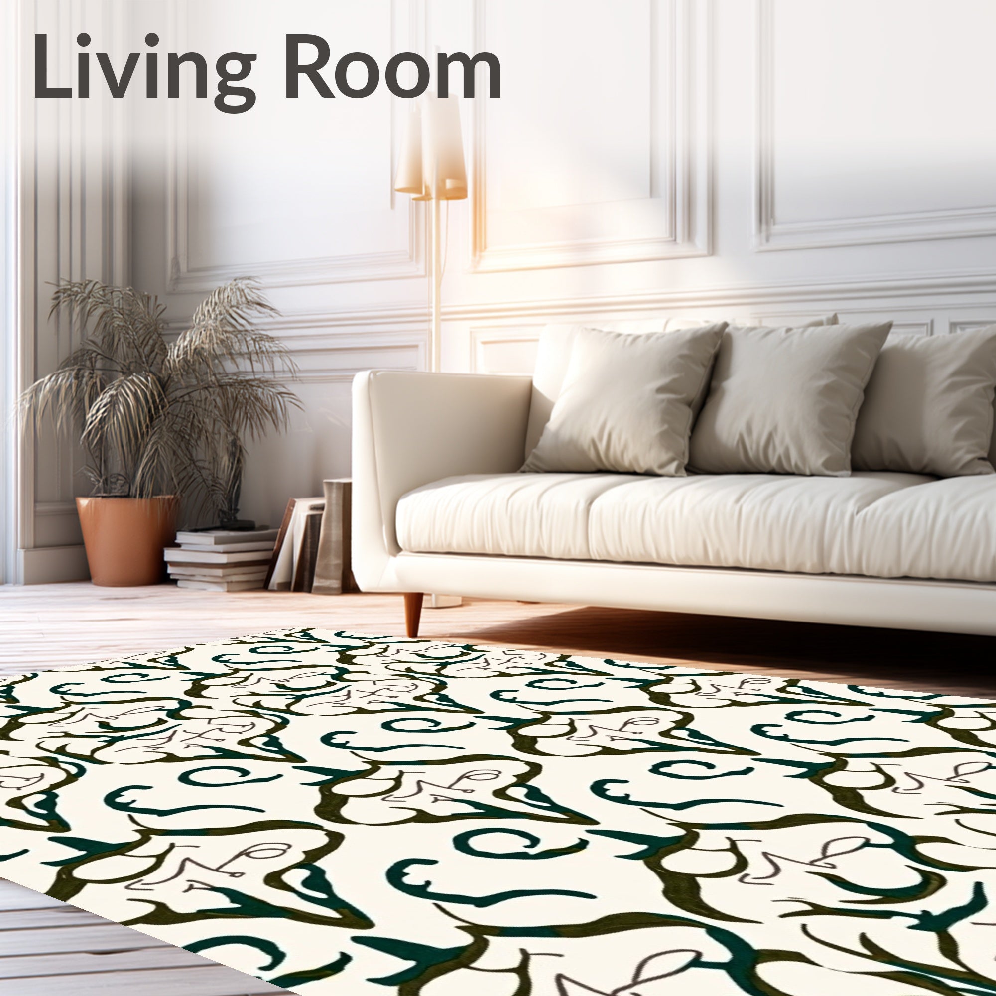 Cream Dark Green Organic Scroll Medallion Rug