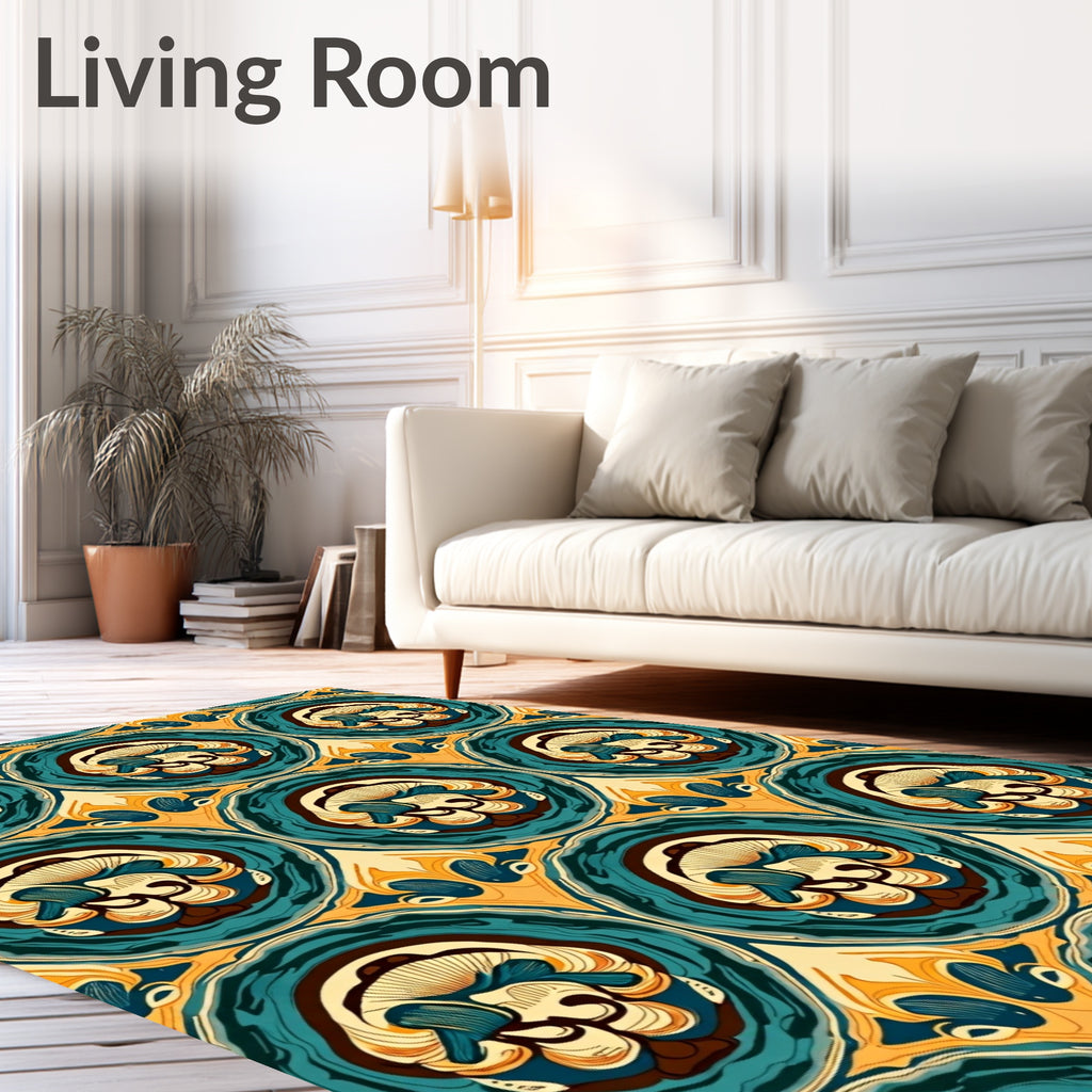 Vibrant Teal And Gold Concentric Medallion Rug