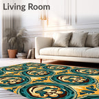 Vibrant Teal And Gold Concentric Medallion Rug
