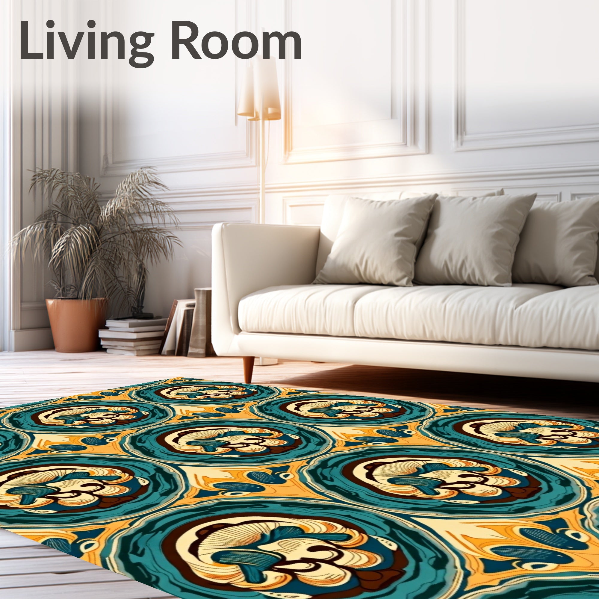Vibrant Teal And Gold Concentric Medallion Rug