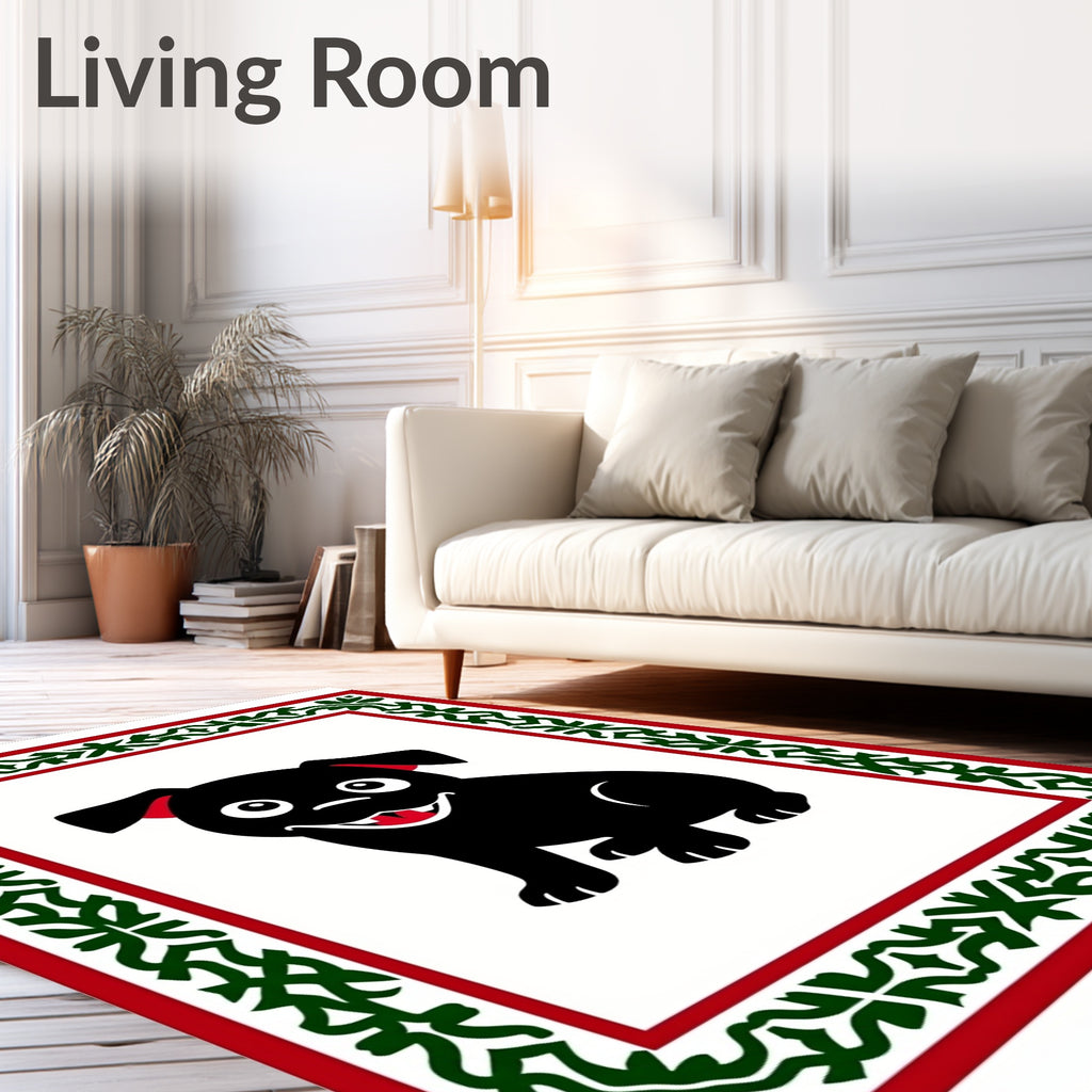 Happy Black Pug Red Green Border Rug