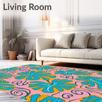 Tropical Pink Teal Leaf Swirl Rug
