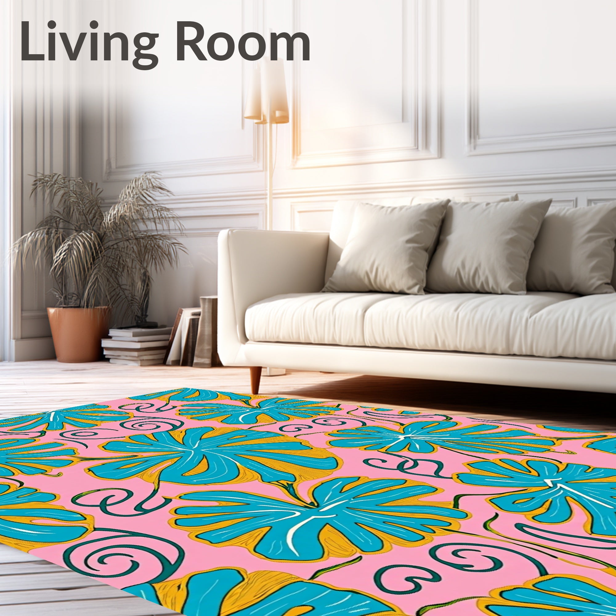Tropical Pink Teal Leaf Swirl Rug