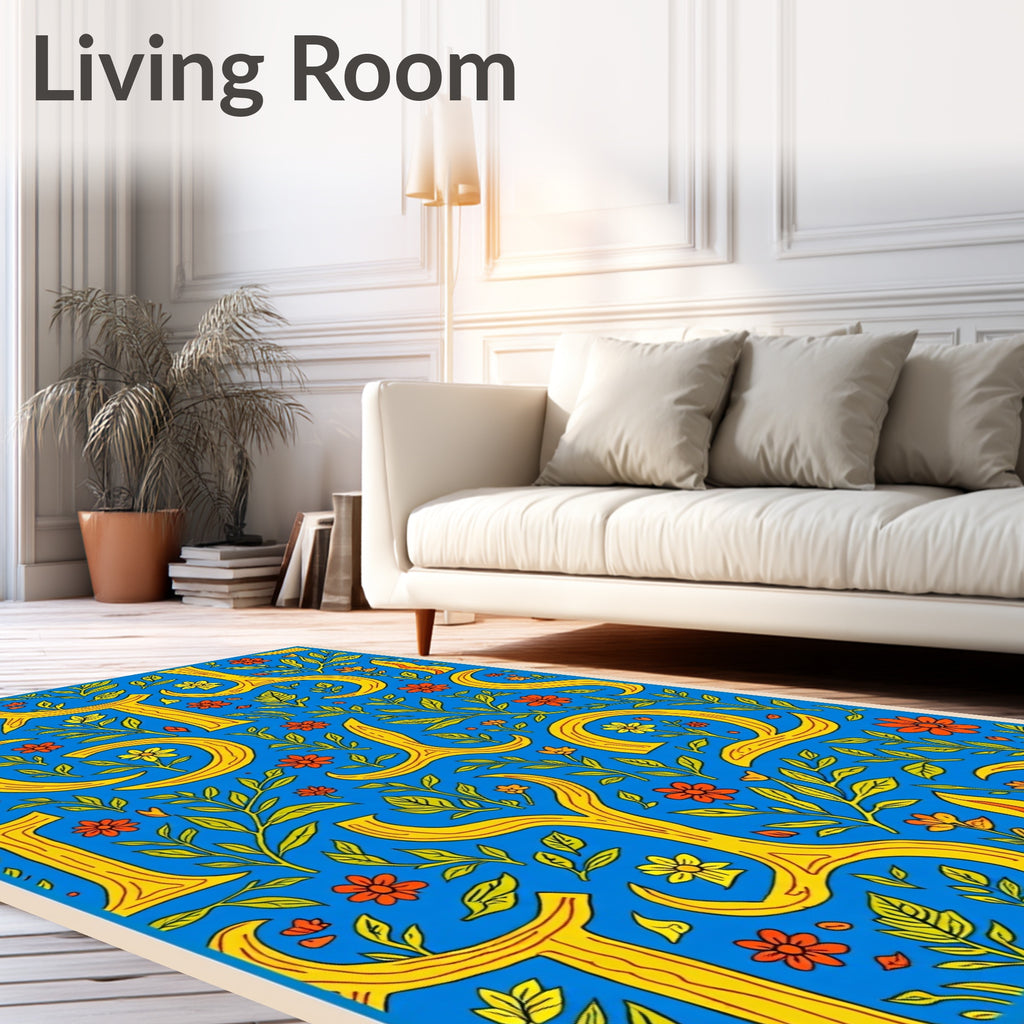 Bold Yellow Floral Accents Blue Rug