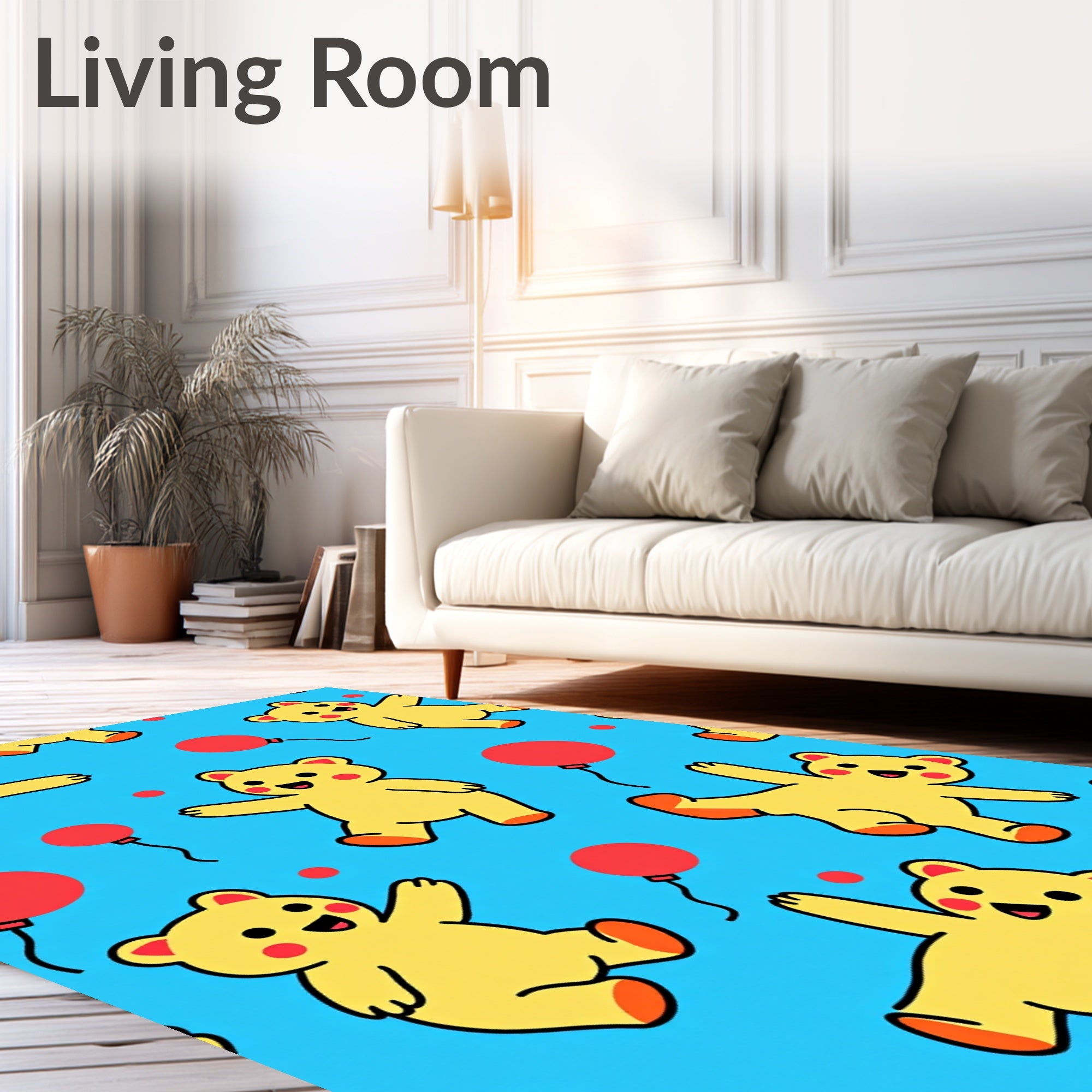 Playful Yellow Teddy Bears Red Balloons Rug
