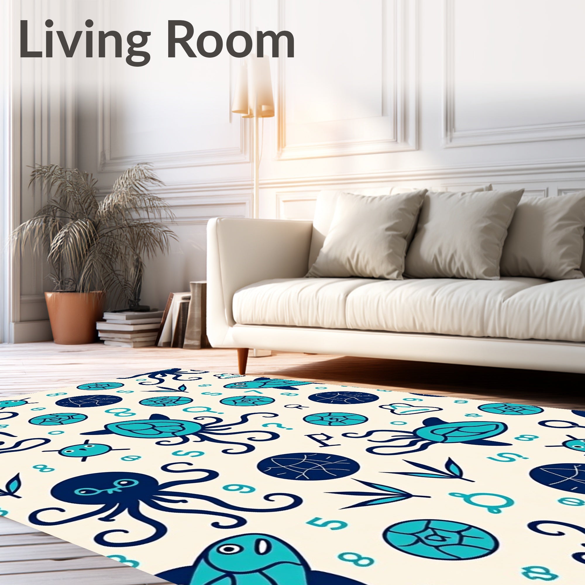 Oceanic Creatures Navy Teal Playful Cartoon Rug