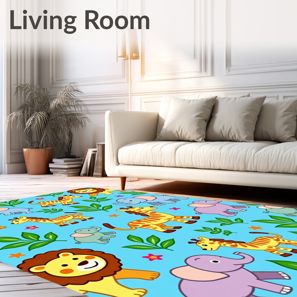 Playful Jungle Animals Safari Scene Rug