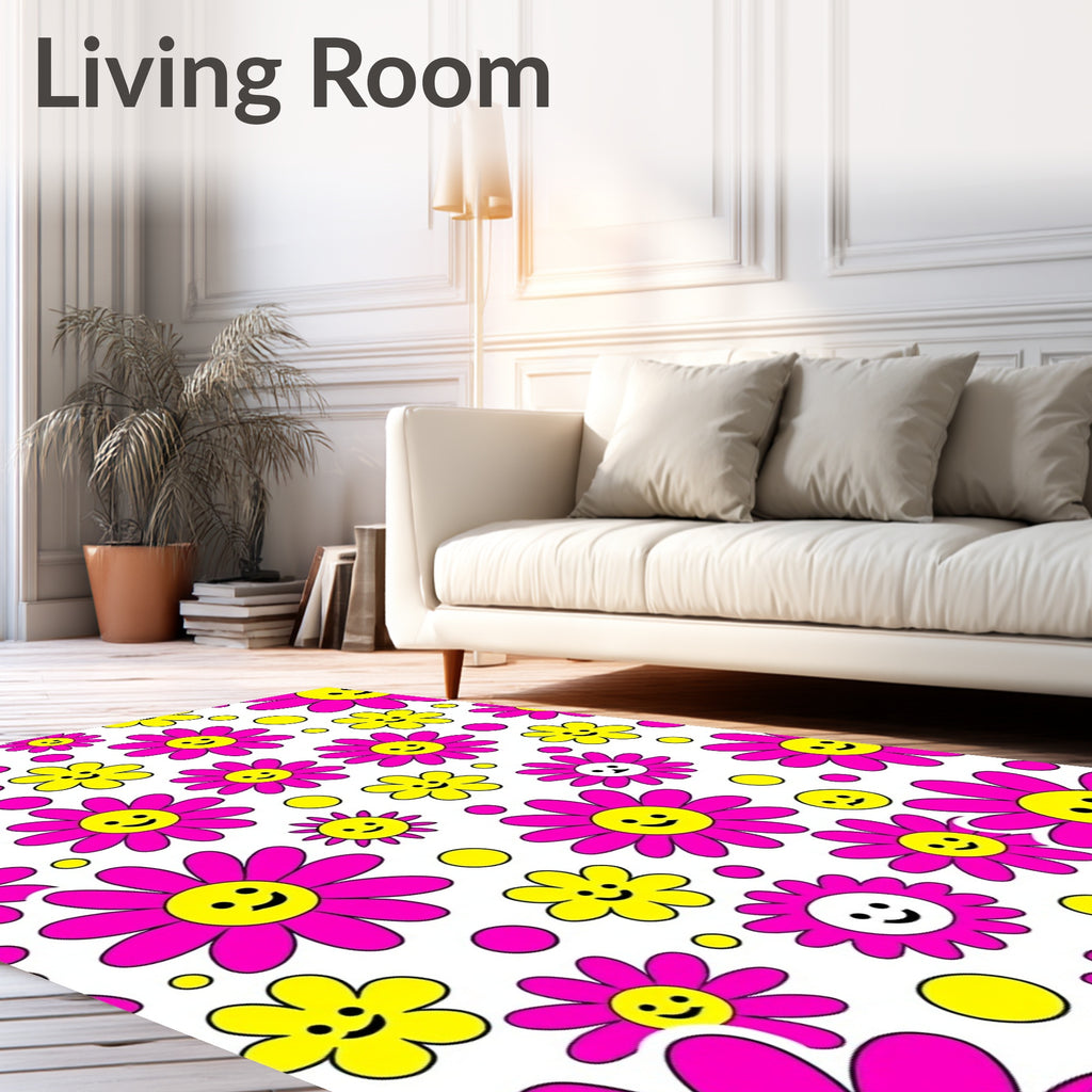 Whimsical Pink Yellow Smiling Flowers Rug