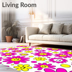 Whimsical Pink Yellow Smiling Flowers Rug