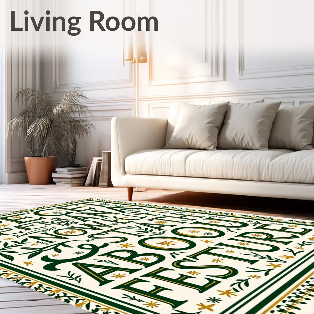 Ornate Green and Gold Floral Lettering Rug