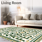 Ornate Green and Gold Floral Lettering Rug