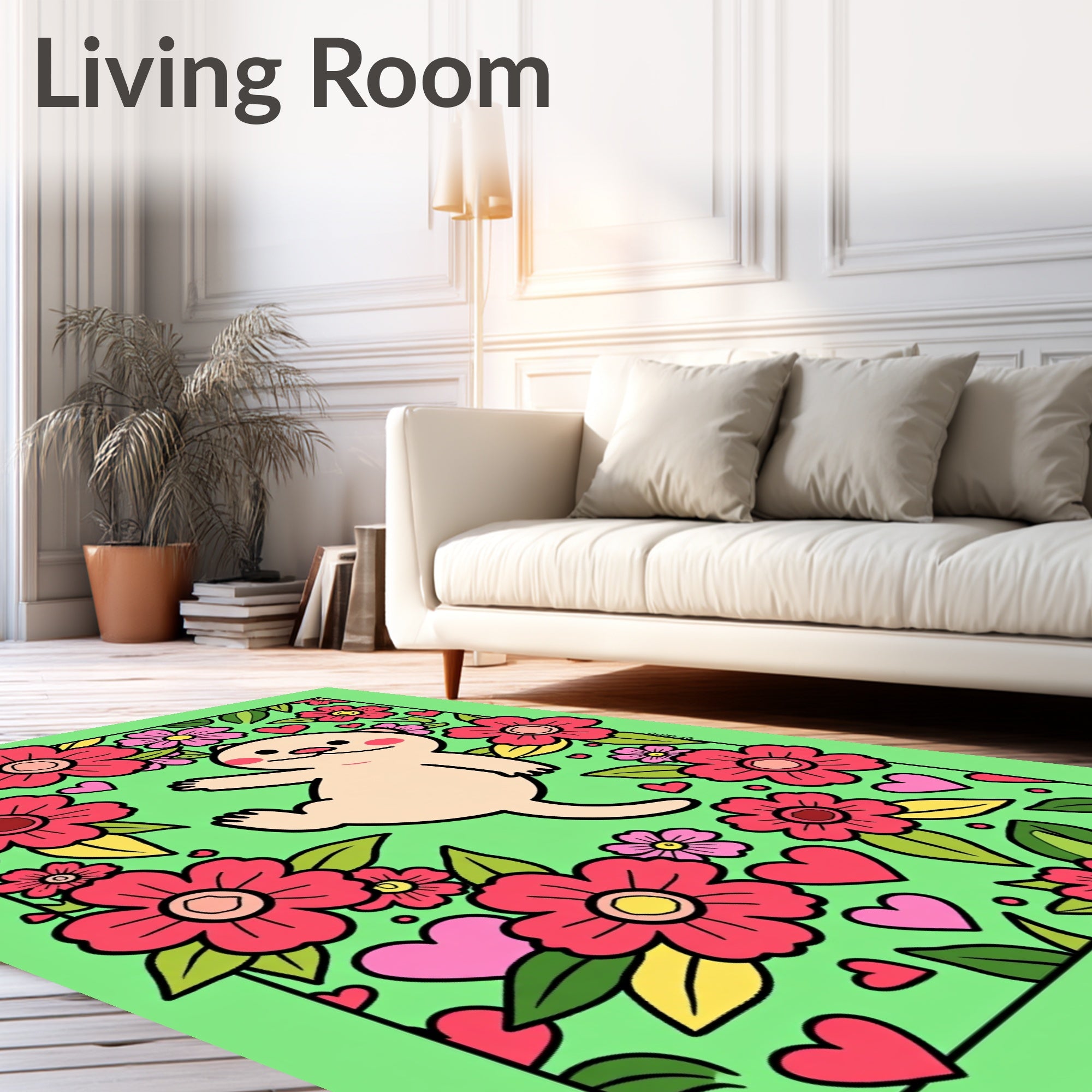 Whimsical Cute Cat Floral Hearts Delight Rug