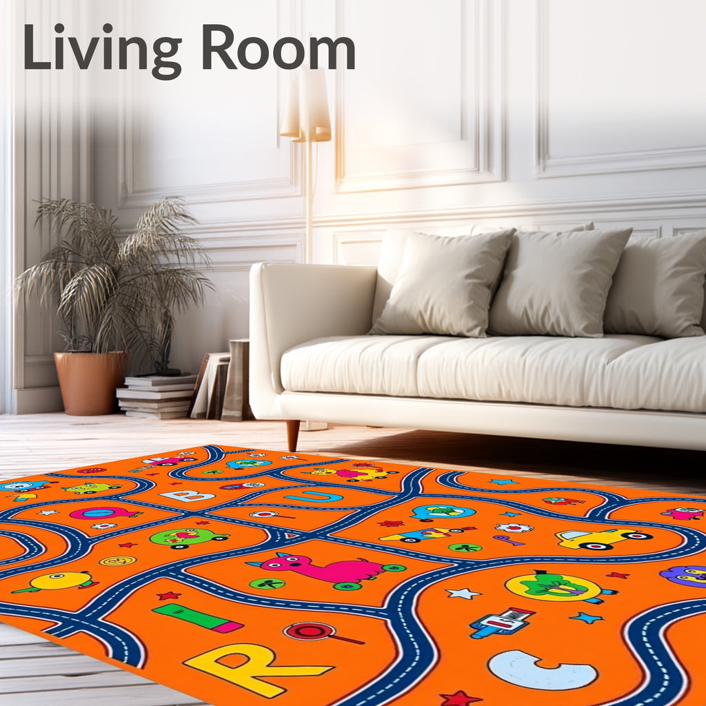 Bright Orange Cartoon Car Alphabet Playmat Rug