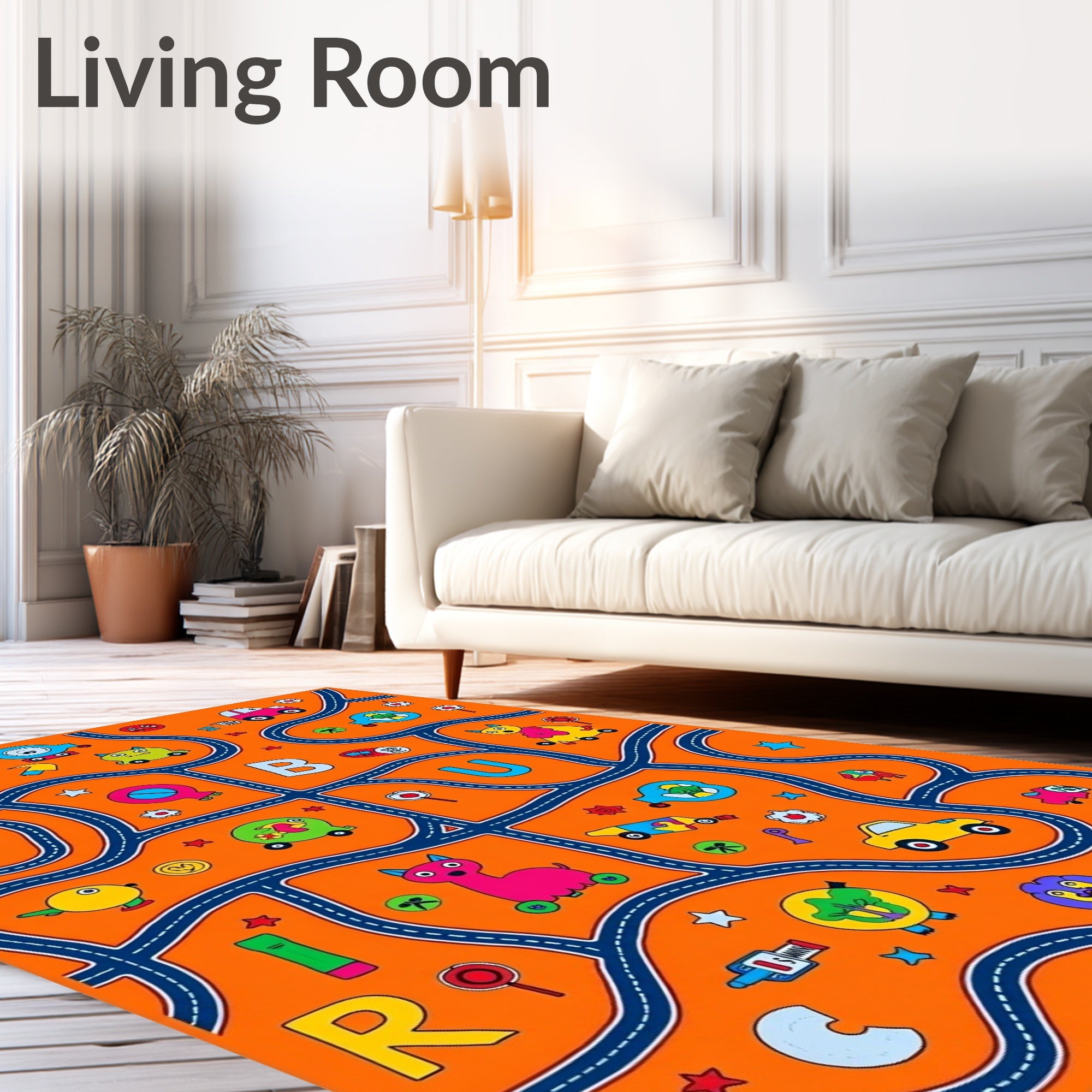 Bright Orange Cartoon Car Alphabet Playmat Rug