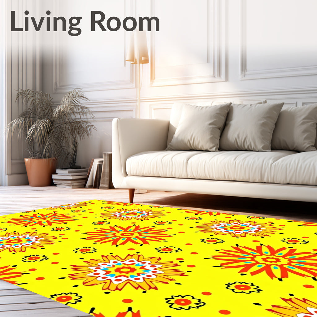 Vibrant Yellow Sunburst Floral Medallions Rug