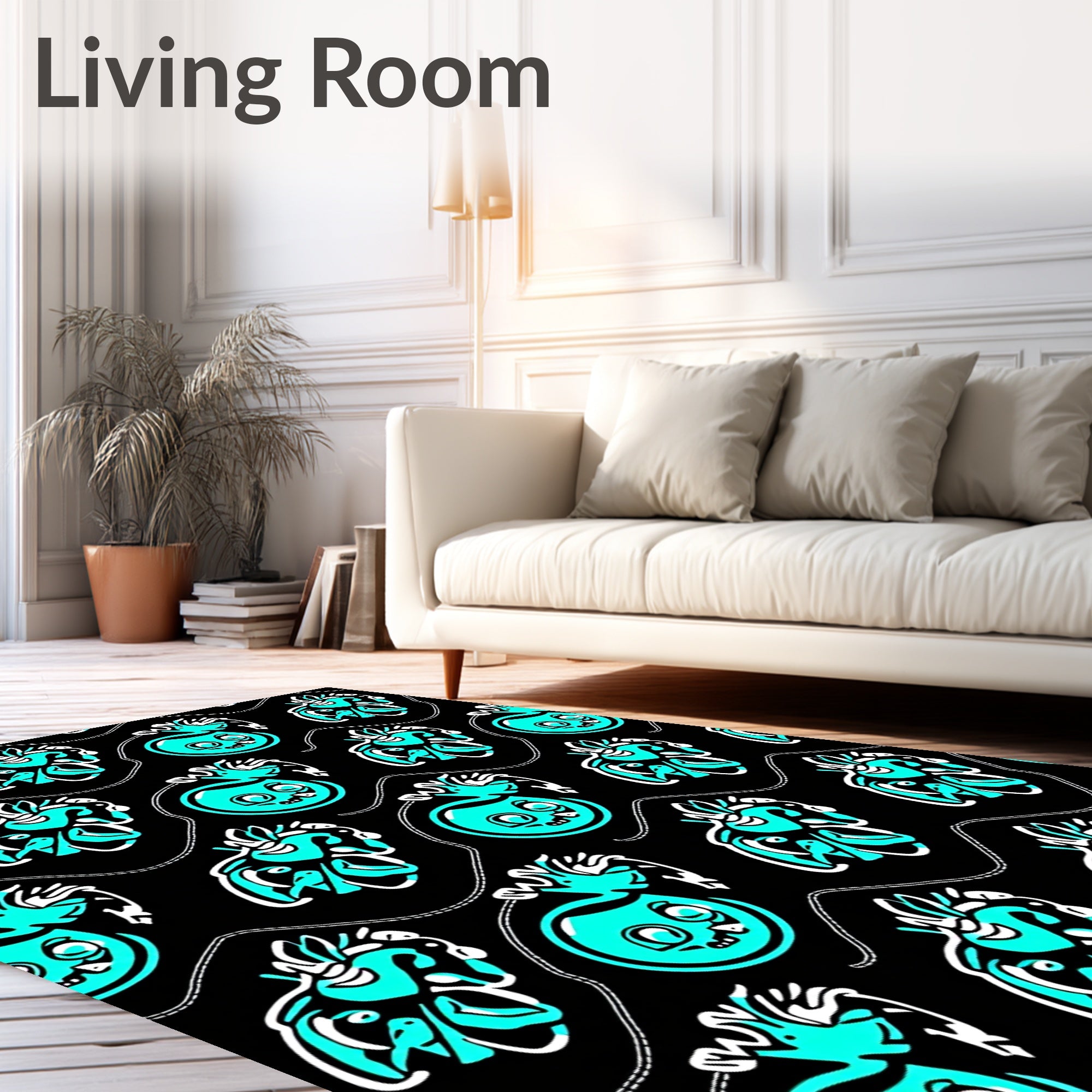 Vibrant Teal Cartoon Heart Swirls Rug