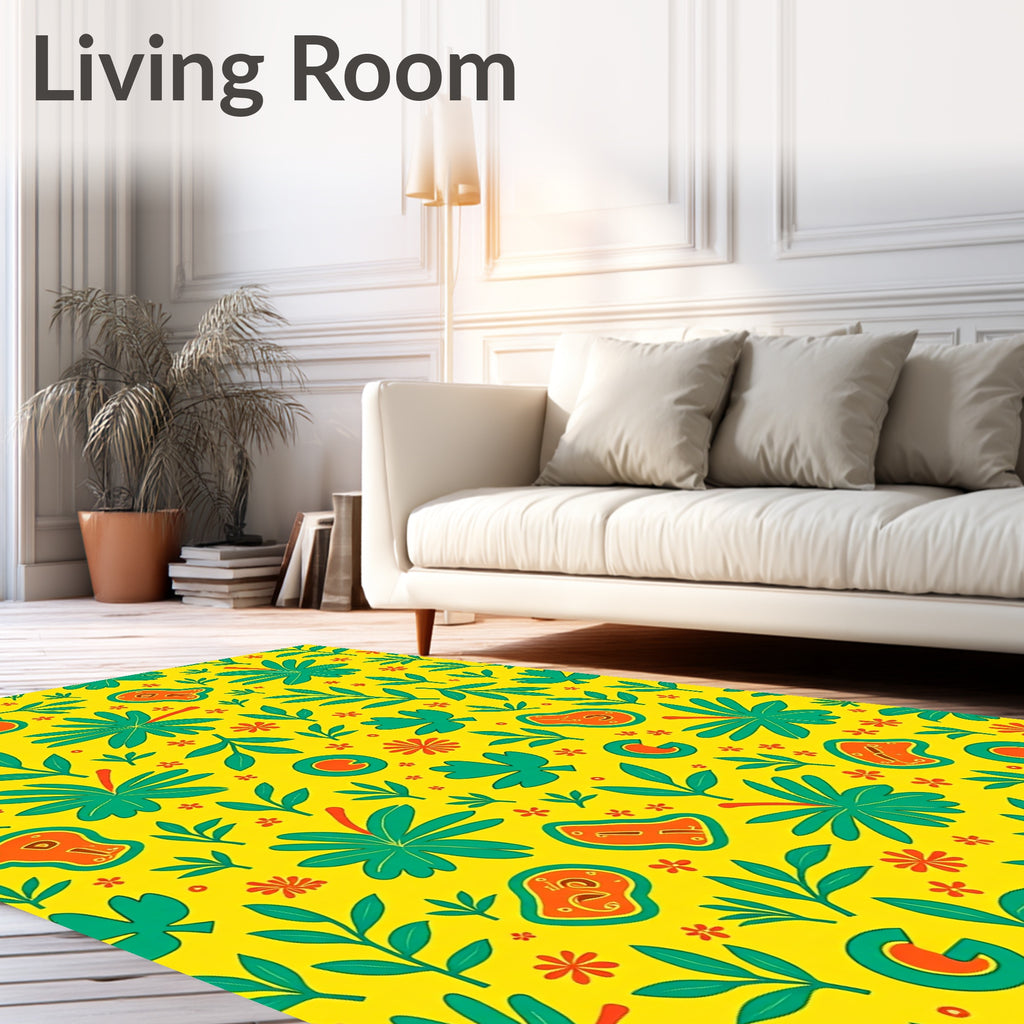 Bright Yellow Tropical Leaf and Letter Rug