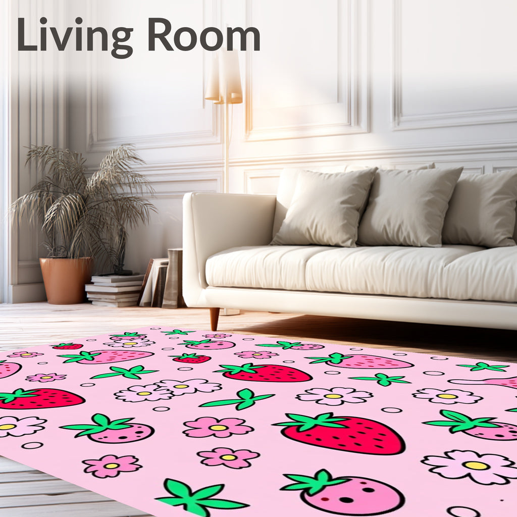 Cute Pink Strawberry Floral Scatter Rug