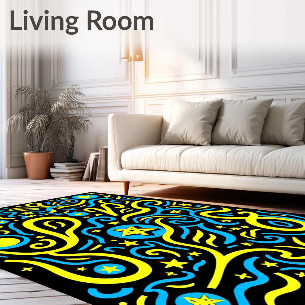 Whimsical Yellow Blue Starry Swirls Rug