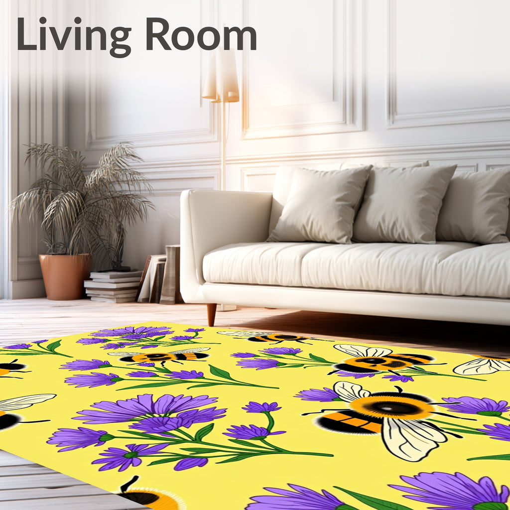 Yellow Bee and Purple Flower Meadow Rug