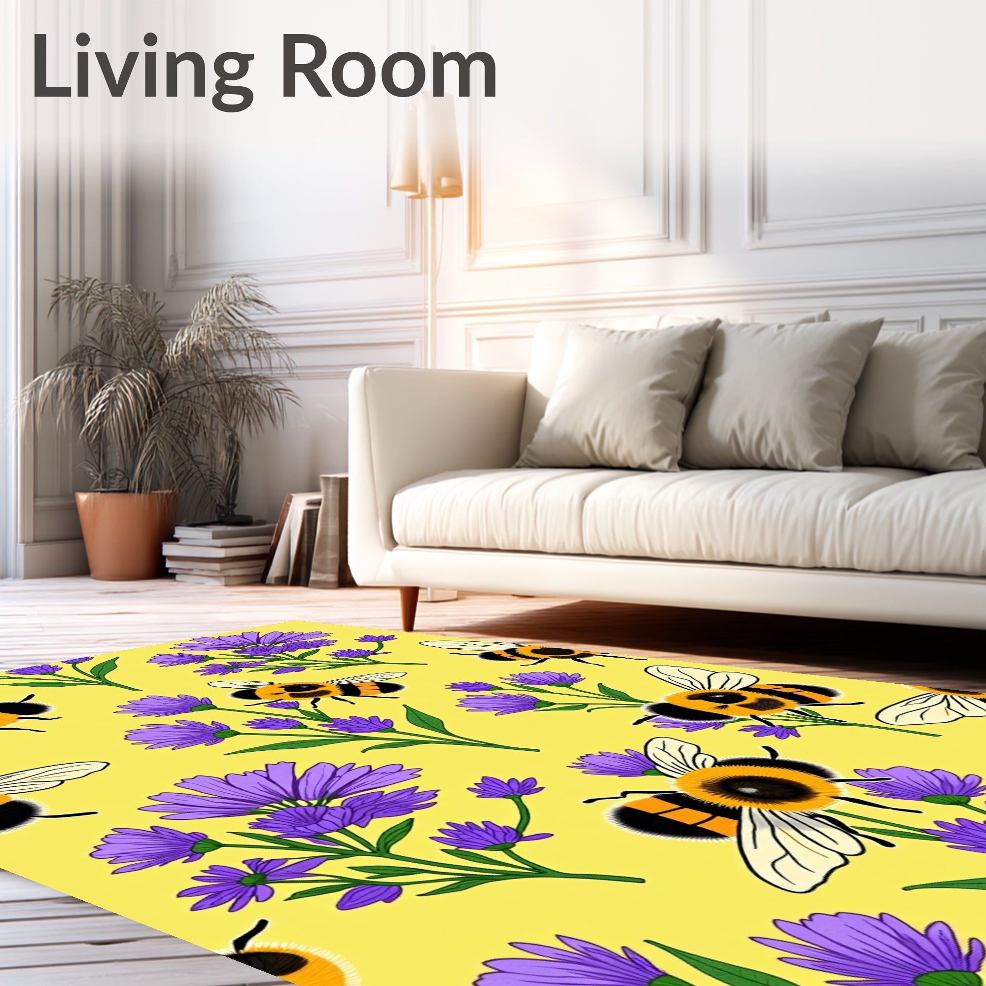 Yellow Bee and Purple Flower Meadow Rug