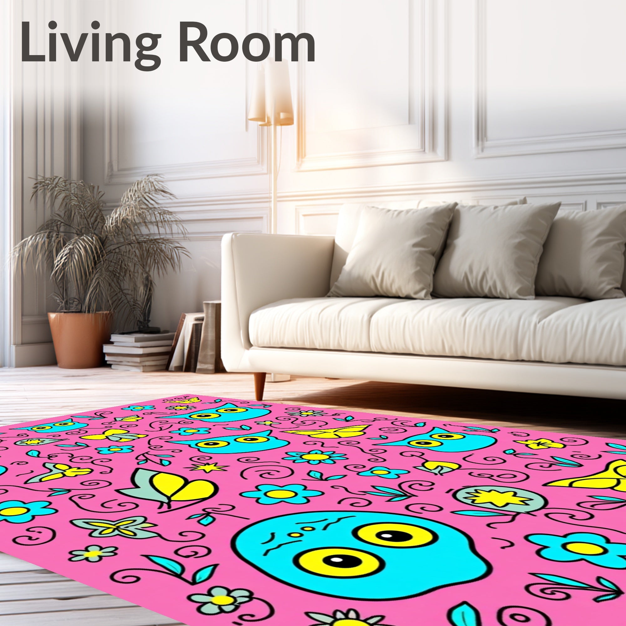Cute Turquoise Owl Yellow Butterfly Floral Pink Rug