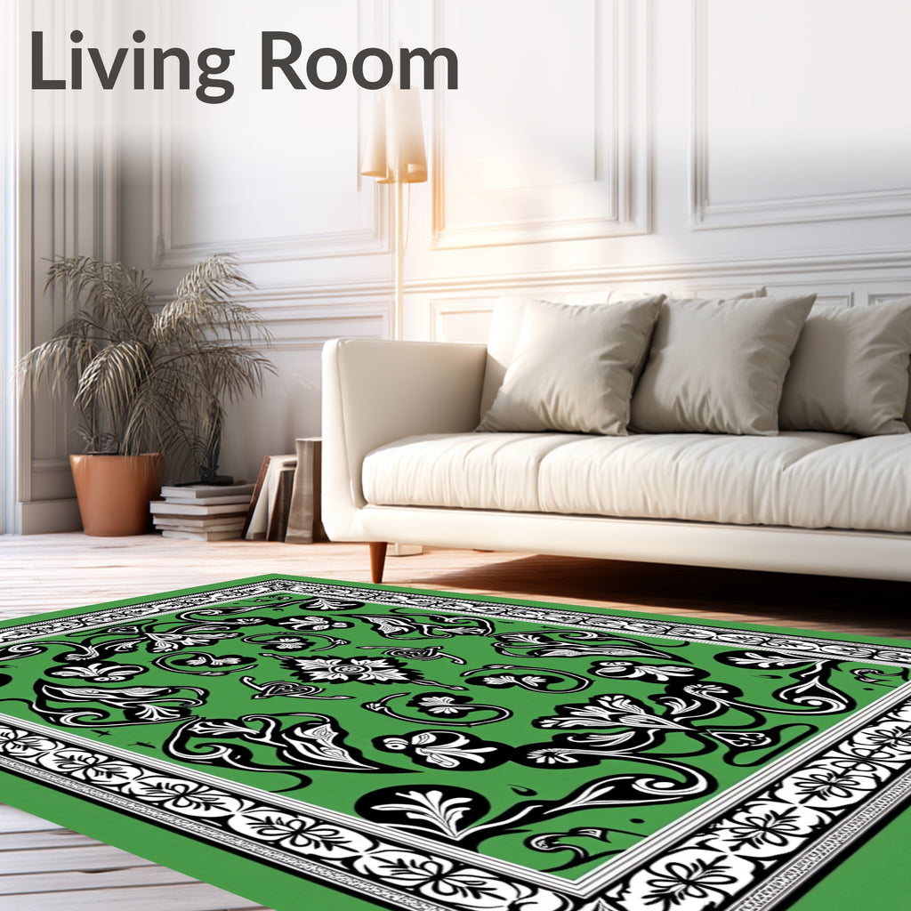 Emerald green black white floral scroll Rug