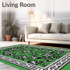 Emerald green black white floral scroll Rug