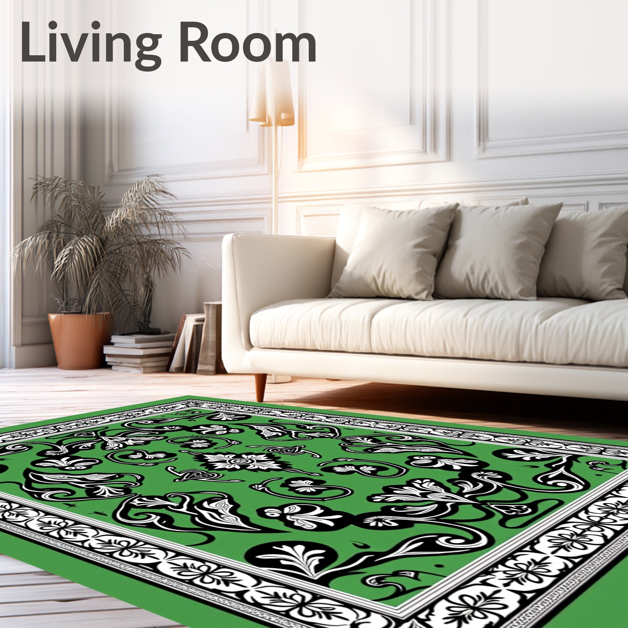 Emerald green black white floral scroll Rug