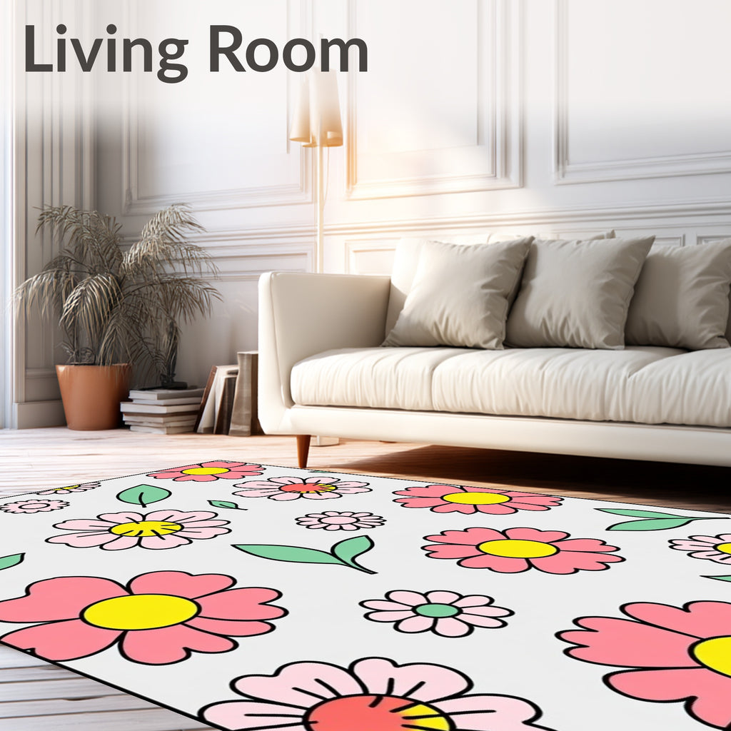 Retro Pink Daisy Floral Garden Rug