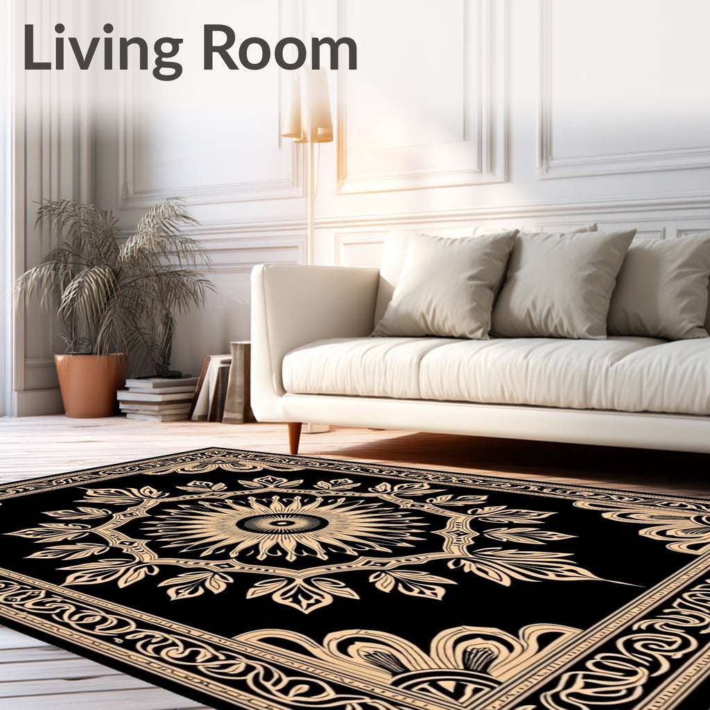 Black and Gold Sunburst Floral Medallion Rug