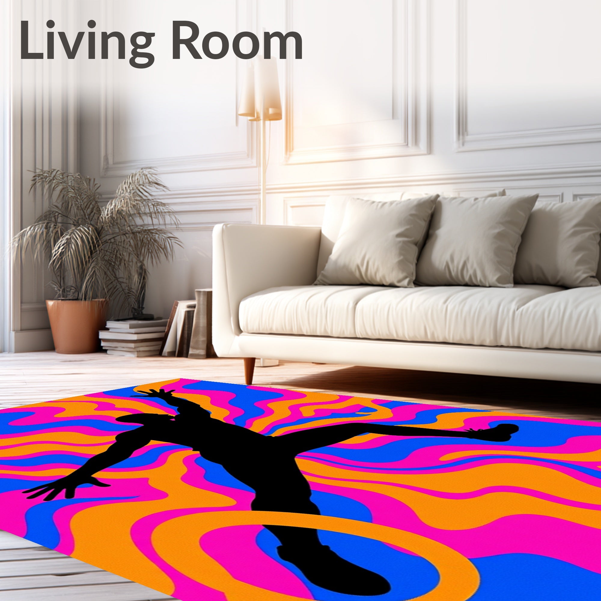 Vibrant Black Silhouette Swirling Waves Rug