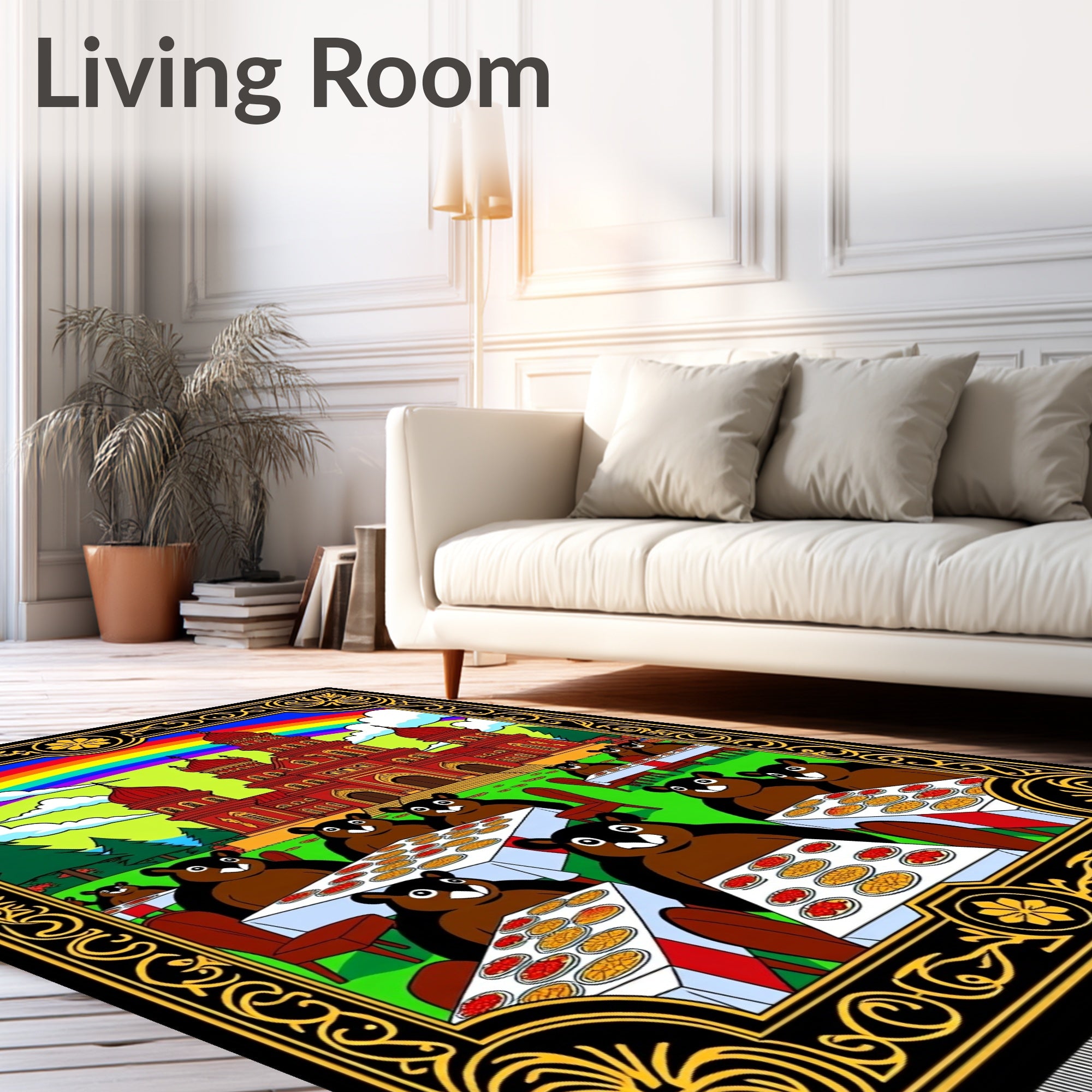 Whimsical Bears Feast Under Rainbow Palace Rug