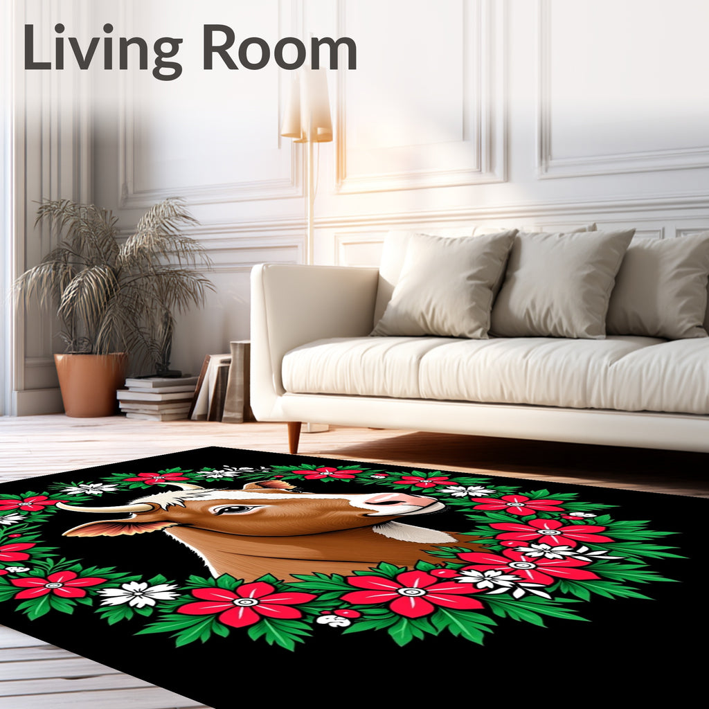 Festive Brown Cow Red Floral Wreath Rug