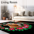 Festive Brown Cow Red Floral Wreath Rug