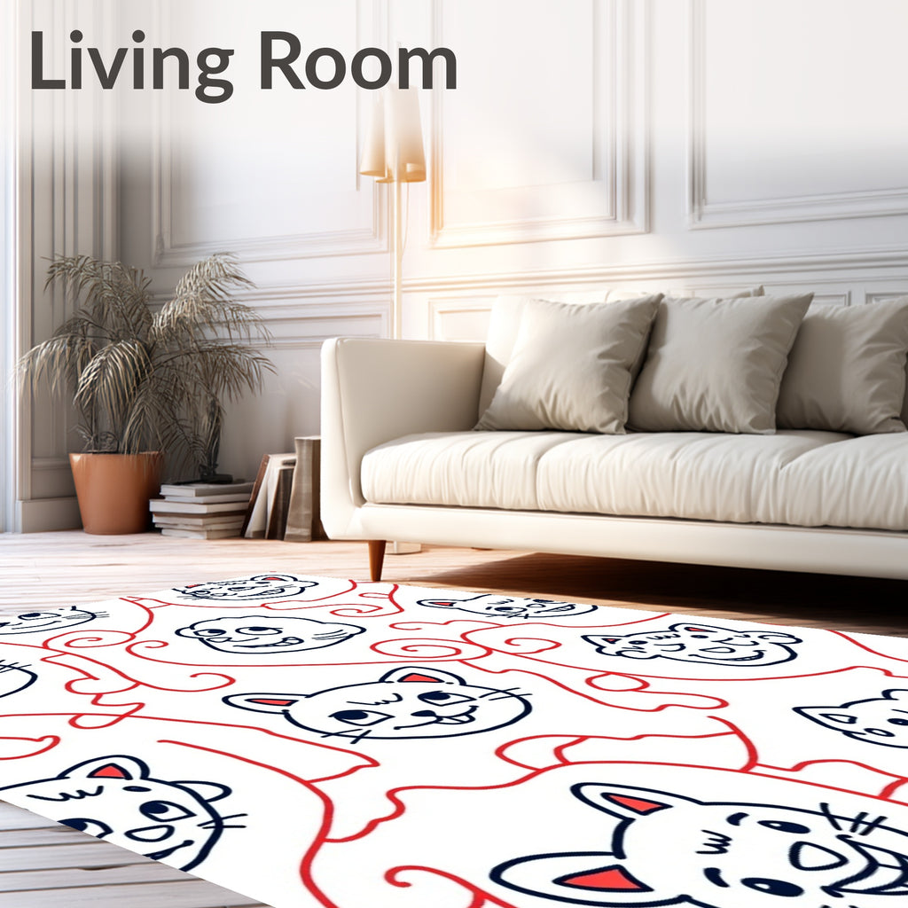 Whimsical Cat Faces Red Swirls Rug