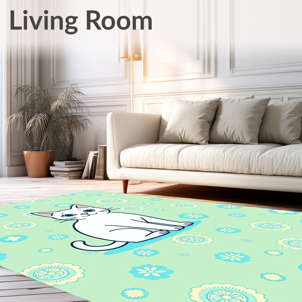Whimsical White Cat Floral Garden Rug