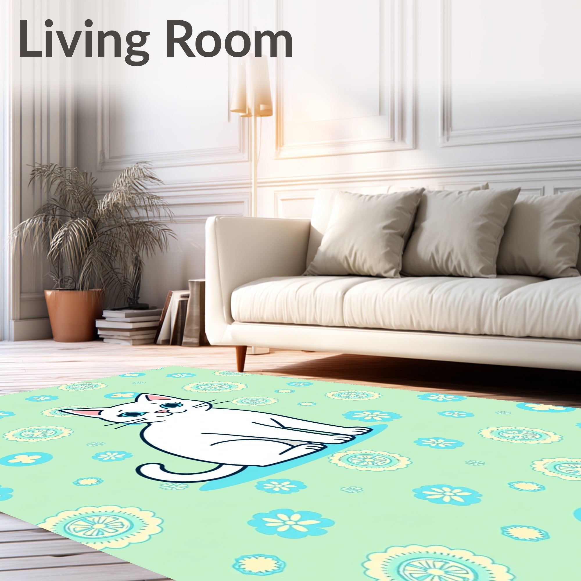 Whimsical White Cat Floral Garden Rug