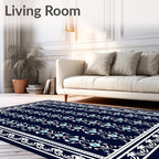 Deep Blue Floral Scrollwork Border Rug