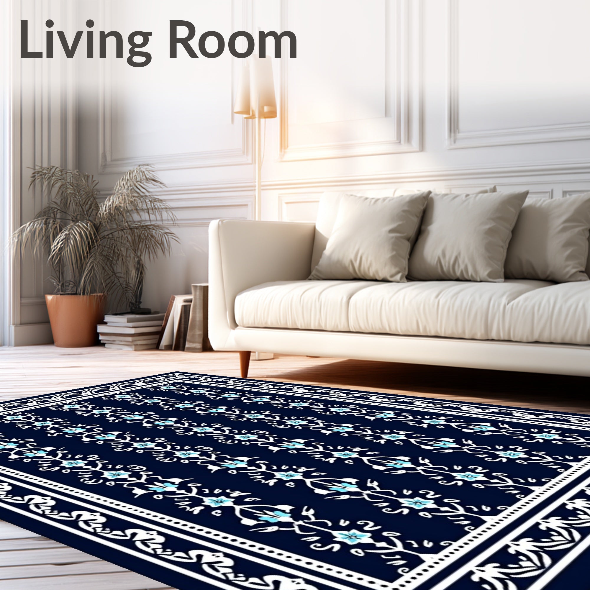 Deep Blue Floral Scrollwork Border Rug