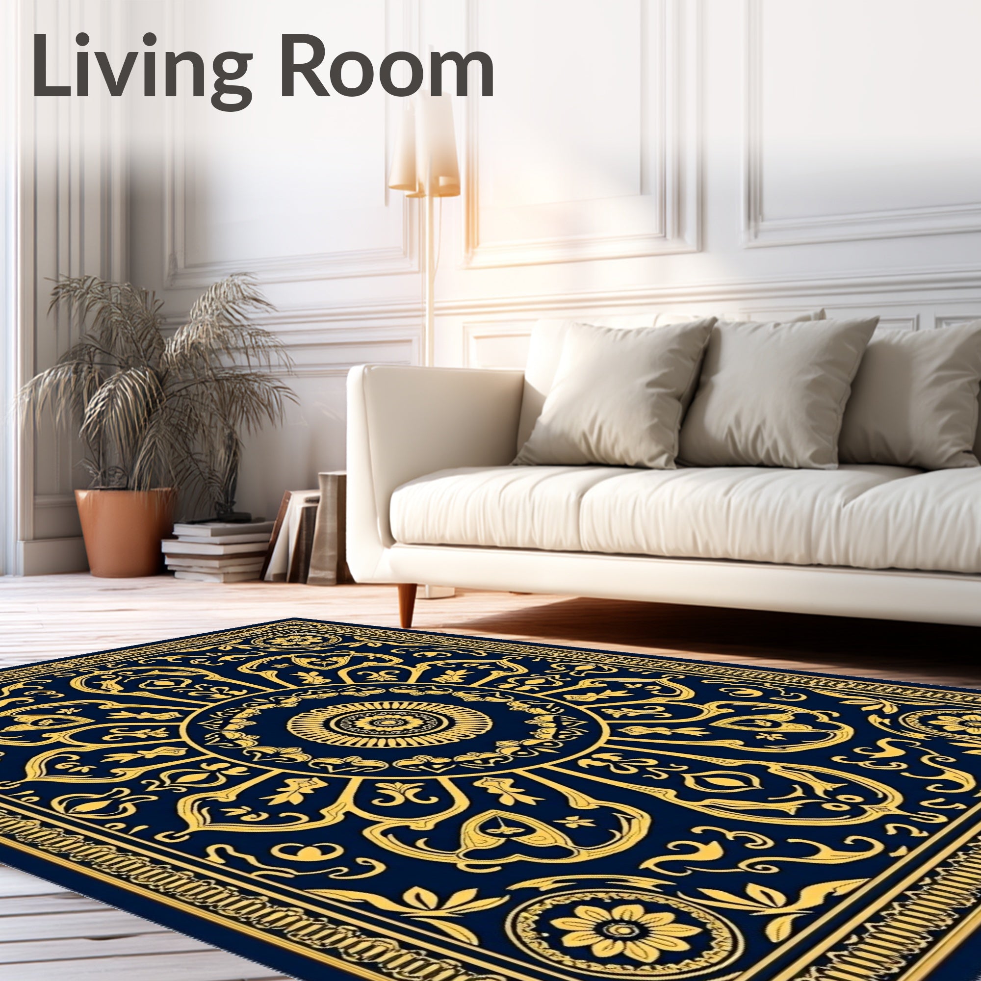Deep Blue Golden Mandala Sunburst Rug
