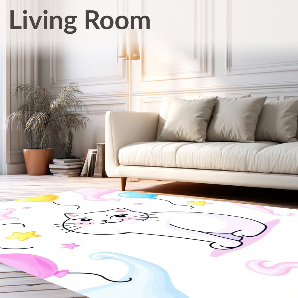 Whimsical White Cat Pastel Balloons Stars Rug
