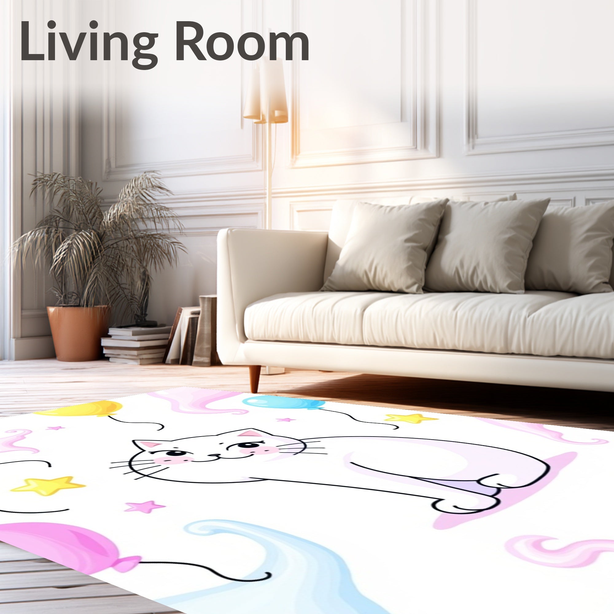 Whimsical White Cat Pastel Balloons Stars Rug